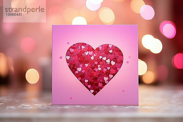 Eine schöne Postkarte mit einem funkelnden Herzen  perfekt für das Senden einer romantischen Nachricht am Valentinstag auf dem Tisch mit Bokeh Hintergrund  AI generiert  KI generiert