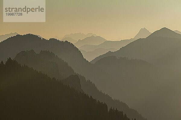 Berggipfel als Silhouette im Morgenlicht  Dunst  Gegenlicht  Ammergauer Alpen  Oberbayern  Bayern  Deutschland  Europa