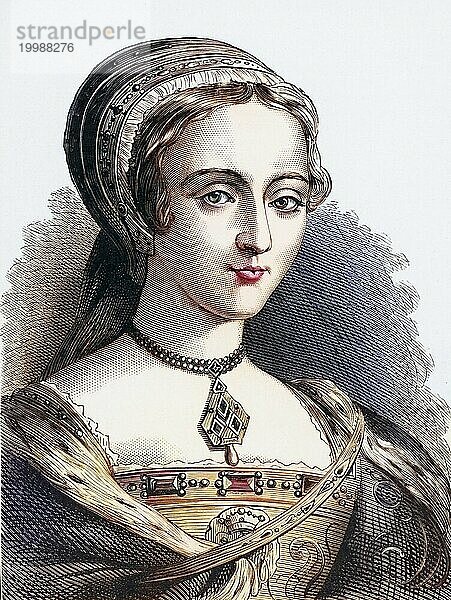 Lady Jane Grey (1537-54) The Nine Days Queen  Nach dem Tod ihres leidenschaftlich protestantischen Cousins Edward VI. wurde Jane von ihrem ehrgeizigen Schwiegervater  dem Herzog von Northumberland  zur Königin von England ausgerufen  obwohl ihr Anspruch schwach war. Der Anspruch der älteren Tochter Heinrichs VIII. setzte sich durch  und sie wurde zu Maria I. gekrönt. Jane wurde am 12. Februar 1554 enthauptet  Historisch  digital restaurierte Reproduktion von einer Vorlage aus dem 19. Jahrhundert  Record