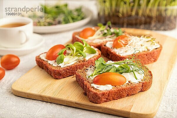 Rote Rüben Brot Sandwiches mit Frischkäse  Tomaten und Mikrogrün auf grauem Betonhintergrund. Seitenansicht  Nahaufnahme  selektiver Fokus