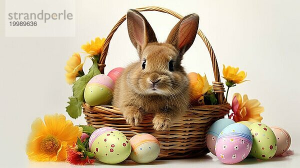 Ein fröhliches Kaninchen in einem Korb mit Ostereiern und leuchtend gelben Frühlingsblumen AI erzeugt  KI generiert