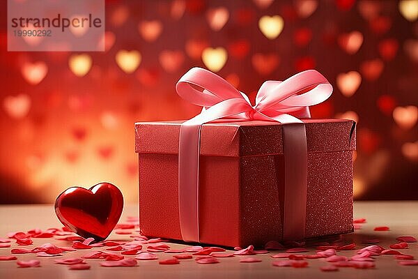 Valentine's Gift rote Geschenkbox mit einem weichen rosa Band geschmückt  umgeben von herzförmigen Konfetti und ein Bokeh Hintergrund. Gefühle der Liebe  Zuneigung und Überraschung  AI erzeugt  KI generiert