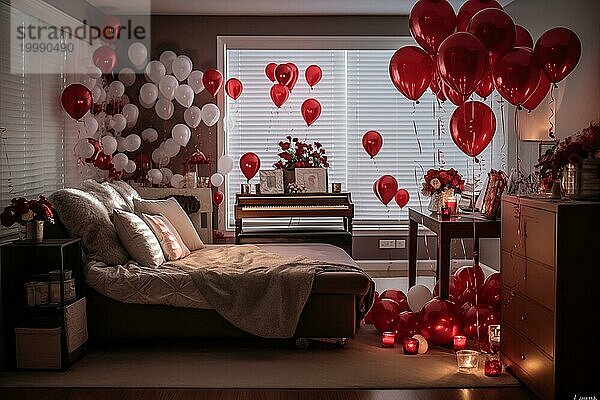 Ein gemütliches Schlafzimmer  geschmückt mit roten und weißen herzförmigen Luftballons  Rosenblättern und Kerzen  die eine romantische Atmosphäre für den Valentinstag schaffen  AI generated  KI generiert