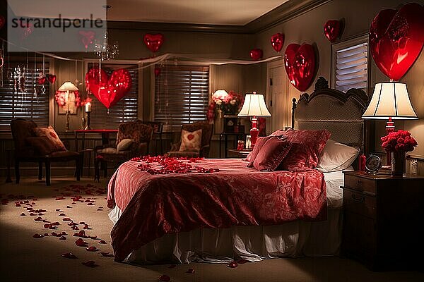 Ein gemütliches Schlafzimmer  geschmückt mit roten und weißen herzförmigen Luftballons  Rosenblättern und Kerzen  die eine romantische Atmosphäre für den Valentinstag schaffen  AI generated  KI generiert