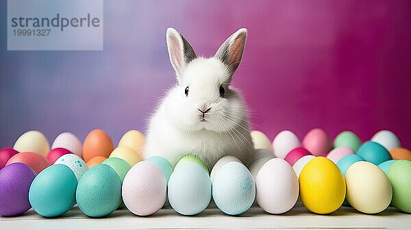 Osterhase und bunte Eier auf lila Hintergrund. Frohe Ostern AI generiert  KI generiert