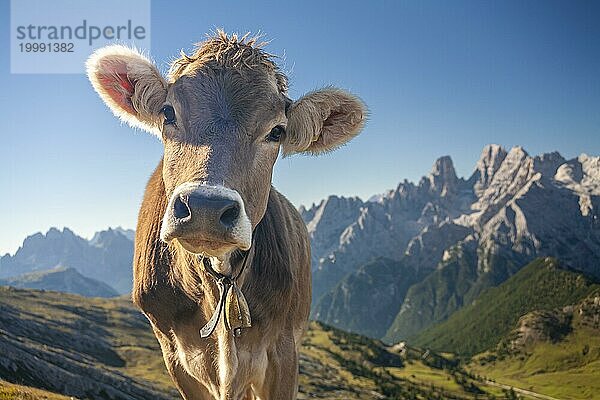 Rind schaut in Kamera  frontal  Porträt  hinten Berge  Sommer  Sextener Dolomiten  Südtirol  Italien  Europa