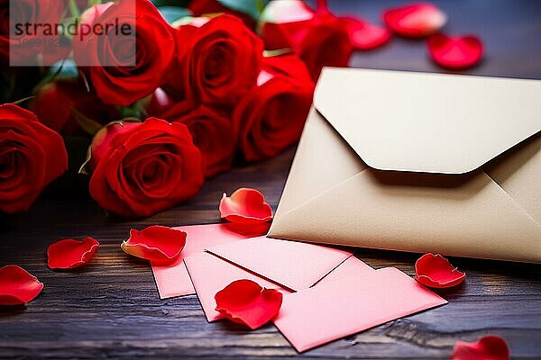 Lebendige rote Rosen  ein romantischer Valentins Liebesbrief in einem eleganten Umschlag und verstreute Rosenblüten auf einem dunklen Holztisch. Liebe und Zuneigung am Valentinstag  AI generiert  KI generiert