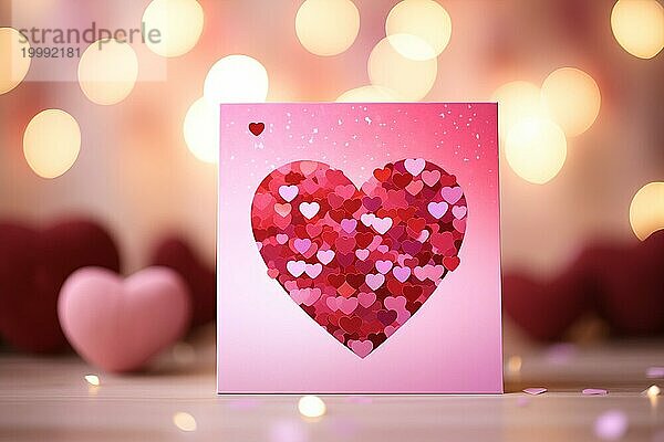 Eine schöne Postkarte mit einem funkelnden Herz  perfekt für das Senden einer romantischen Nachricht am Valentinstag auf dem Tisch mit Bokeh Hintergrund  AI generiert  KI generiert