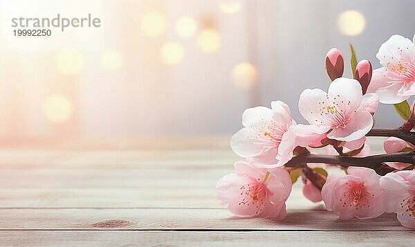 Kirschblüten in der friedlichen Aura der glühenden Bokeh bei Einbruch der Dunkelheit Holztisch mit rosa Pfirsichblüten Blumen über verschwommenen Hintergrund. AI generiert  KI generiert