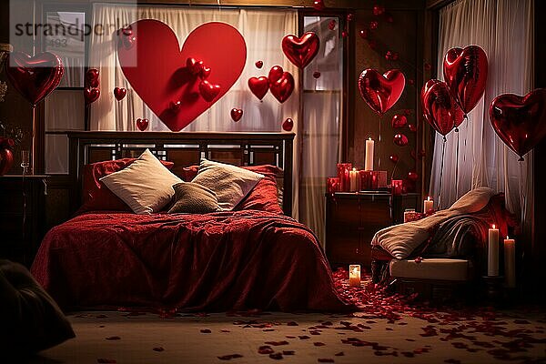 Ein gemütliches Schlafzimmer  geschmückt mit roten und weißen herzförmigen Luftballons  Rosenblättern und Kerzen  die eine romantische Atmosphäre für den Valentinstag schaffen  AI generated  KI generiert