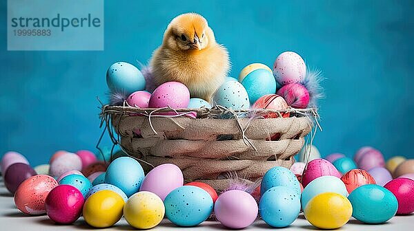 Ein flauschiges Küken sitzt auf einem mit pastellfarbenen Ostereiern gefüllten Korb vor einem leuchtend blauen Hintergrund und erinnert an die Freude  die das Frühlingsfest mit sich bringt  KI generiert