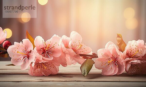 Romantische Stillleben von Kirschblüten auf einer hölzernen Oberfläche mit Bokeh Lichter Holztisch mit rosa Pfirsichblüten Blumen über verschwommenen Hintergrund. AI generiert  KI generiert