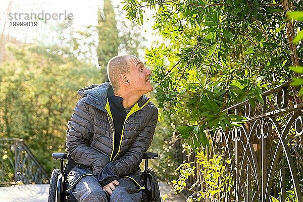 Glücklicher behinderter Mann im Rollstuhl  der an einem sonnigen Wintertag an einer Pflanze in einem Stadtpark riecht