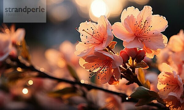 Nahaufnahme von rosa Kirschblüten mit weichem Bokeh in der Abenddämmerung  Holztisch mit rosa Pfirsichblüte Blumen über unscharfen Hintergrund. AI generiert  KI generiert