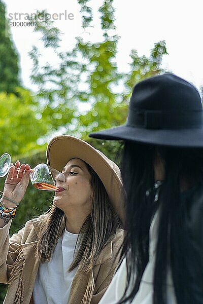 Vertikales Bild einer entspannten jungen Frau  die mit einer Freundin im Park ein Glas Wein trinkt