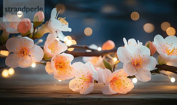 Nahaufnahme von Kirschblüten mit Bokeh Lichter in einer Abendstimmung Holztisch mit rosa Pfirsichblüten Blumen über verschwommenen Hintergrund. AI generiert  KI generiert