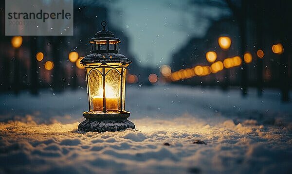 Vintage Laterne im Winterwald. Weihnachten Hintergrund mit Laterne in den Schnee. Selektiver Fokus AI generiert  KI generiert