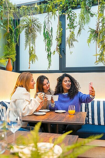 Vertikale Aufnahme von drei Freundinnen  die ein Selfie mit ihrem Mobiltelefon machen  während sie in einer Cafeteria Kaffee trinken