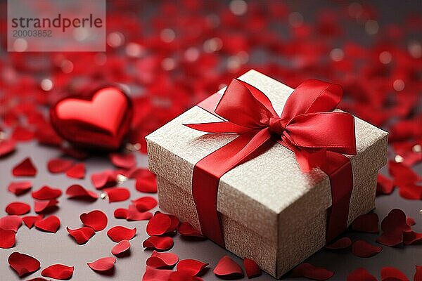 Valentine's Gift rote Geschenkbox mit einem weichen rosa Band geschmückt  umgeben von herzförmigen Konfetti und ein Bokeh Hintergrund. Gefühle der Liebe  Zuneigung und Überraschung  AI erzeugt  KI generiert