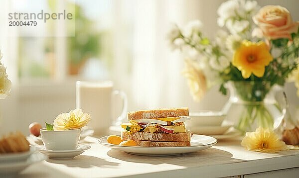 Fröhlicher Frühstückstisch mit einem getoasteten Sandwich  Obst und Blumen im morgendlichen Sonnenlicht AI erzeugt  KI generiert