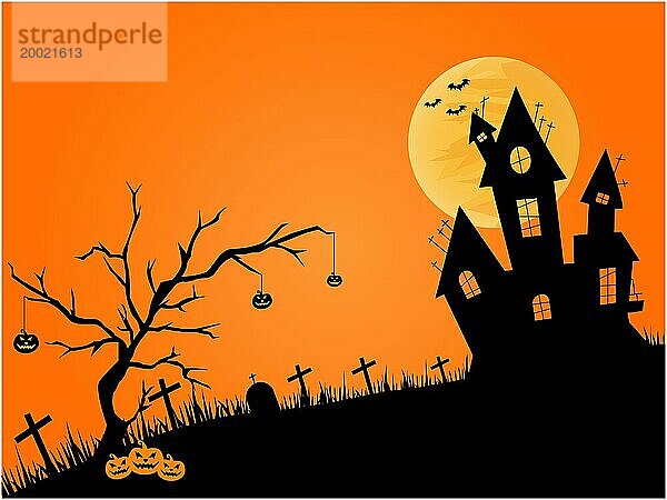 Halloween Motiv mit Spukhaus Silhouette  Vollmond und fliegenden Fledermäusen