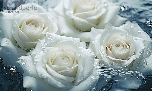 Nahaufnahme von weißen Rosen mit Wassertropfen auf den Blütenblättern  die Zartheit und Reinheit ausdrücken AI erzeugt  KI generiert