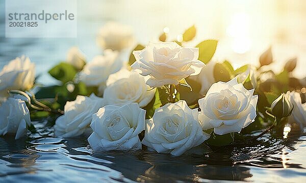 Schöne weiße Rosen auf der Wasseroberfläche im Sonnenuntergang Licht. Romantische Hintergrund AI generiert  KI generiert