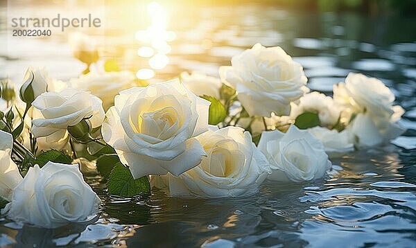 Schöne weiße Rosen auf der Wasseroberfläche im Sonnenuntergang Licht. Romantische Hintergrund AI generiert  KI generiert