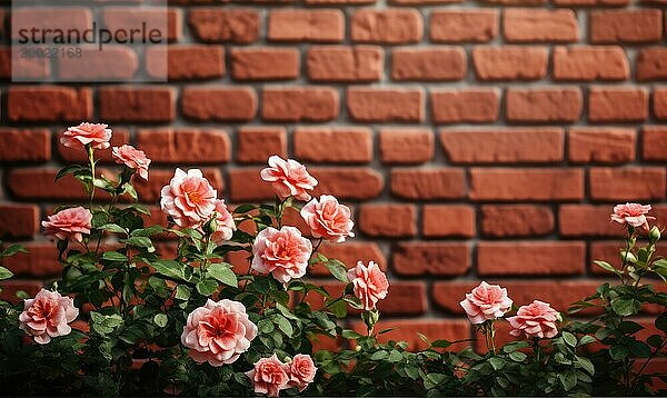 Zarte rosa Rosen im Weichzeichner vor einer Backsteinmauer fangen natürliche Eleganz ein AI erzeugt  KI generiert