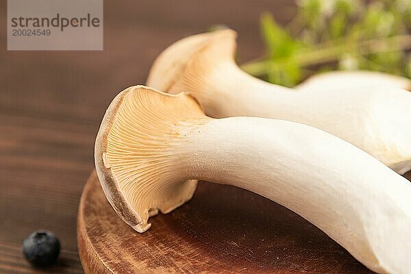 Braune Kräuter Seitlinge (Pleurotus eryngii) auf braunem Holzhintergrund mit Heidelbeeren  Kräutern und Gewürzen. Seitenansicht  selektiver Fokus