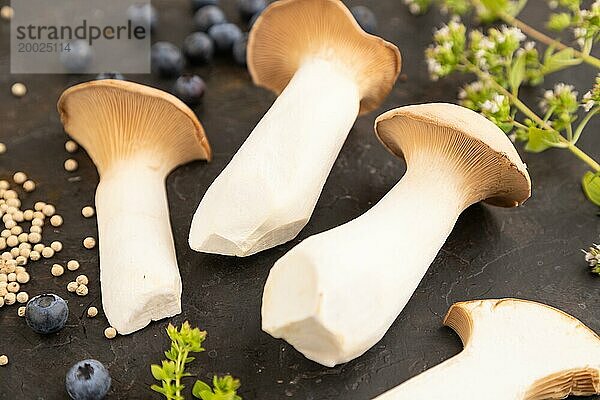 Braune Kräuter Seitlinge (Pleurotus eryngii) auf schwarzem Betonhintergrund mit Heidelbeeren  Kräutern und Gewürzen. Seitenansicht  selektiver Fokus