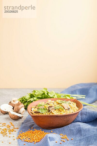 Linsenbrei mit Champignons und Koriander in einer Tonschale auf grauem und orangefarbenem Hintergrund und blauem Leinentuch. Seitenansicht  Kopierraum  selektiver Fokus