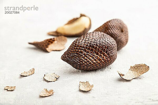 Salak oder Schlangenfrucht auf grauem Betonhintergrund. Seitenansicht  Nahaufnahme  selektiver Fokus. Tropisch  gesunde Ernährung  Sommer  exotisch  Minimalismus