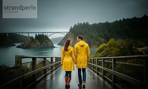 Verliebtes Paar in gelben Regenmänteln  das bei nebligem Wetter zum Fluss in der Nähe der Brücke AI reist  KI generiert