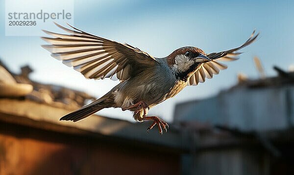 Vogel mit ausgebreiteten Flügeln  der bei Sonnenuntergang fliegt und ein Gefühl von Freiheit ausstrahlt AI generiert  KI generiert