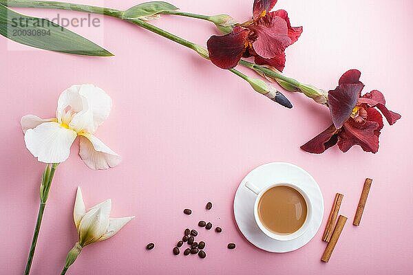 Weiße und burgunderrote Irisblüten und eine Tasse Kaffee auf pastellrosa Hintergrund. Morninig  Frühling  Mode Zusammensetzung. Flachlage  Draufsicht  Kopierraum