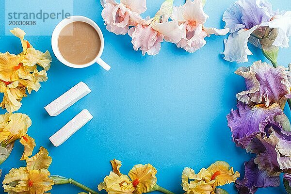 Lila  rosa  gelbe Irisblüten und eine Tasse Kaffee auf pastellblauem Hintergrund. Morninig  Frühling  Mode Zusammensetzung. Flachlage  Draufsicht  Kopierraum