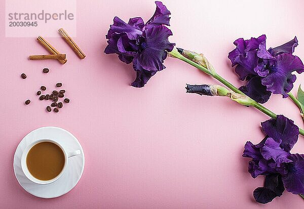 Lila Irisblüten und eine Tasse Kaffee auf pastellrosa Hintergrund. Morninig  Frühling  Mode Zusammensetzung. Flachlage  Draufsicht  Kopierraum