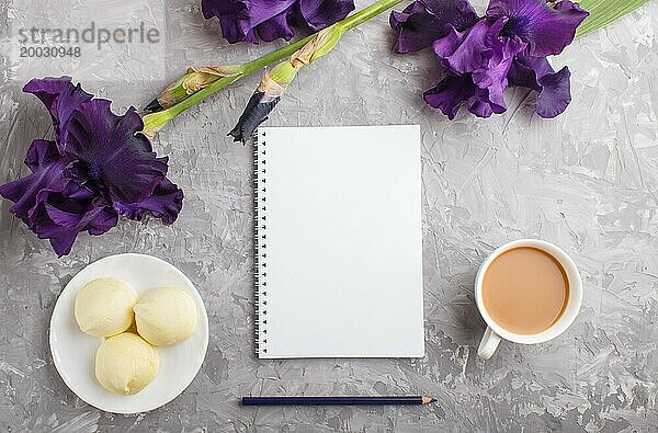 Lila Irisblüten und eine Tasse Kaffee mit Marshmallow und Notizbuch auf einem grauen Betonhintergrund. Morninig  Frühling  Mode Zusammensetzung. Flachlage  Draufsicht  Kopierraum