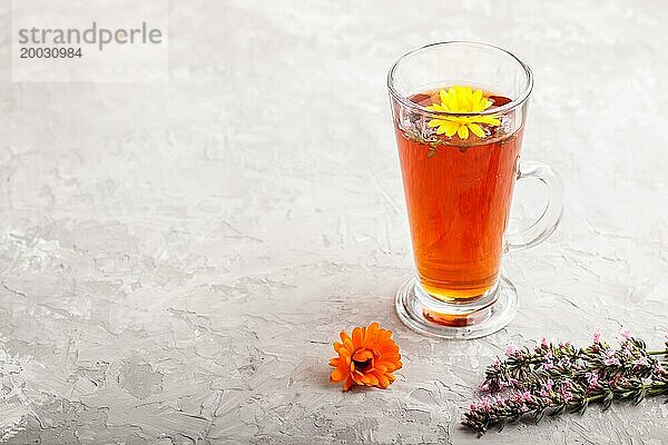 Glas Kräutertee mit Ringelblume und Ysop auf einem grauen Hintergrund aus Beton. Morgens  Frühling  gesundes Getränk Konzept. Seitenansicht  selektiver Fokus  Kopierraum