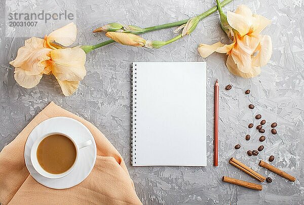 Orange Irisblüten und eine Tasse Kaffee mit Notizbuch auf einem grauen Betonhintergrund. Morninig  Frühling  Mode Zusammensetzung. Flachlage  Draufsicht  Kopierraum