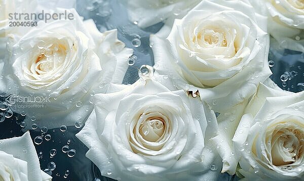 Nahaufnahme von weißen Rosen mit Wassertropfen  die Reinheit und Eleganz vermitteln AI erzeugt  KI generiert