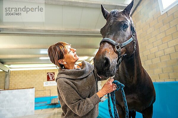 Zärtlicher Blick einer Frau  die ein Pferd in einem Rehabilitations Reitzentrum hält