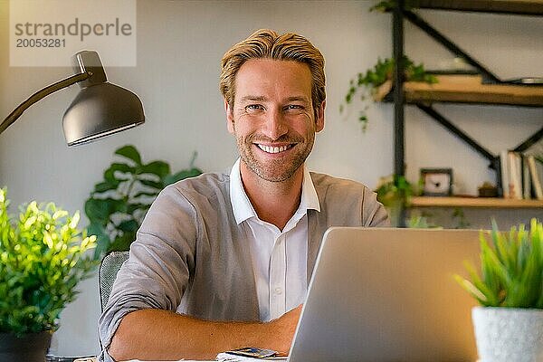 K generiert  Erfolgreicher Jungunternehmer sitzt zufrieden im Büro  30  35  Jahre  Mann  lächelt zufrieden  Existenzgründer  Firmenchef