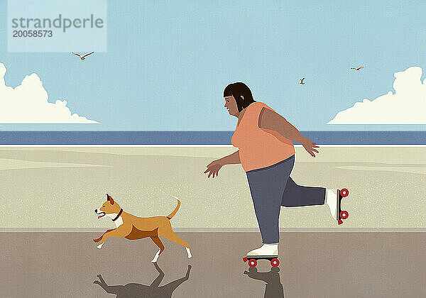 Übergewichtige Frau läuft mit Hund auf der sonnigen Strandpromenade Rollschuh