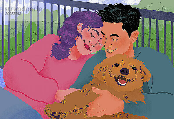 Fröhliches  liebevolles Paar kuschelt mit Hund auf dem Balkon