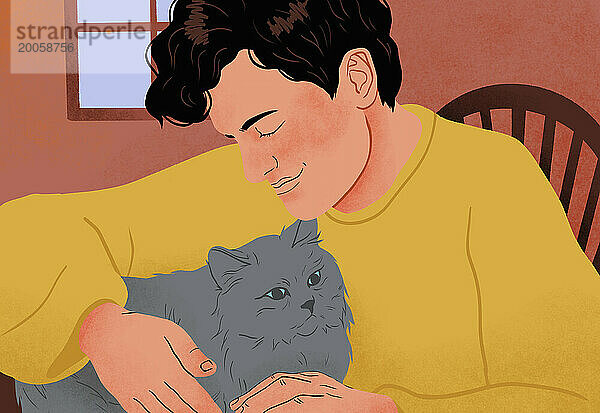 Serene man cuddling pet cat at home