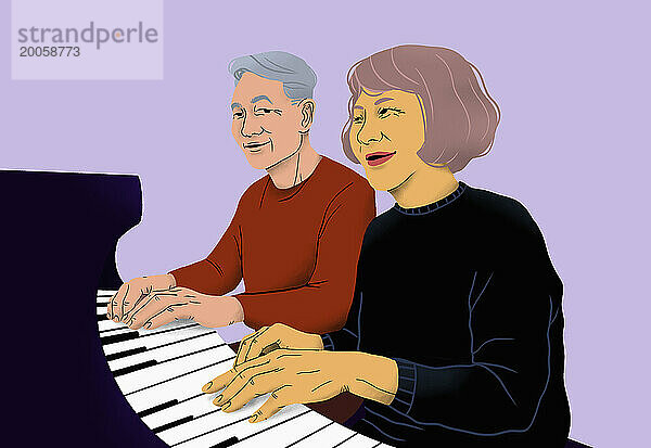 Glückliches älteres Paar  das zusammen Klavier spielt