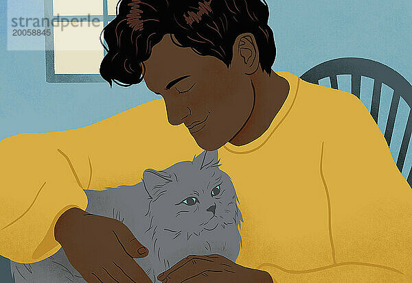 Liebevoller Mann  der zu Hause mit der Katze kuschelt