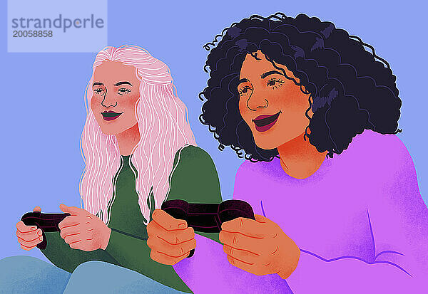 Glückliche Freundinnen  die gemeinsam Videospiele spielen
